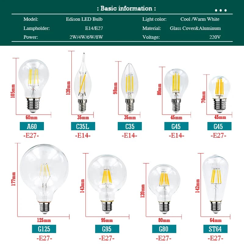 Ampoule à Filament LED E27 rétro Edison lampe 220V 2W 4W 6W 8W E14 Vintage bougie Globe lustre éclai