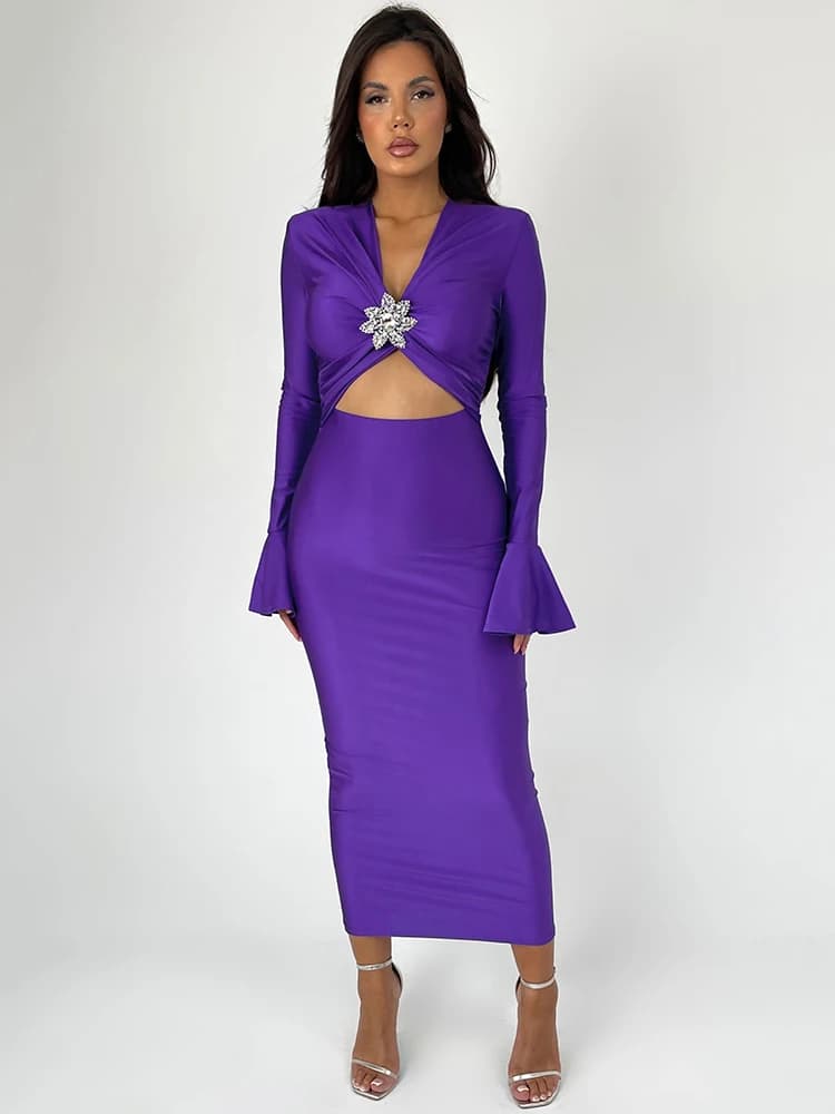 Mozision élégant évider Sexy robe Maxi pour les femmes printemps nouveau col en V manches longues év