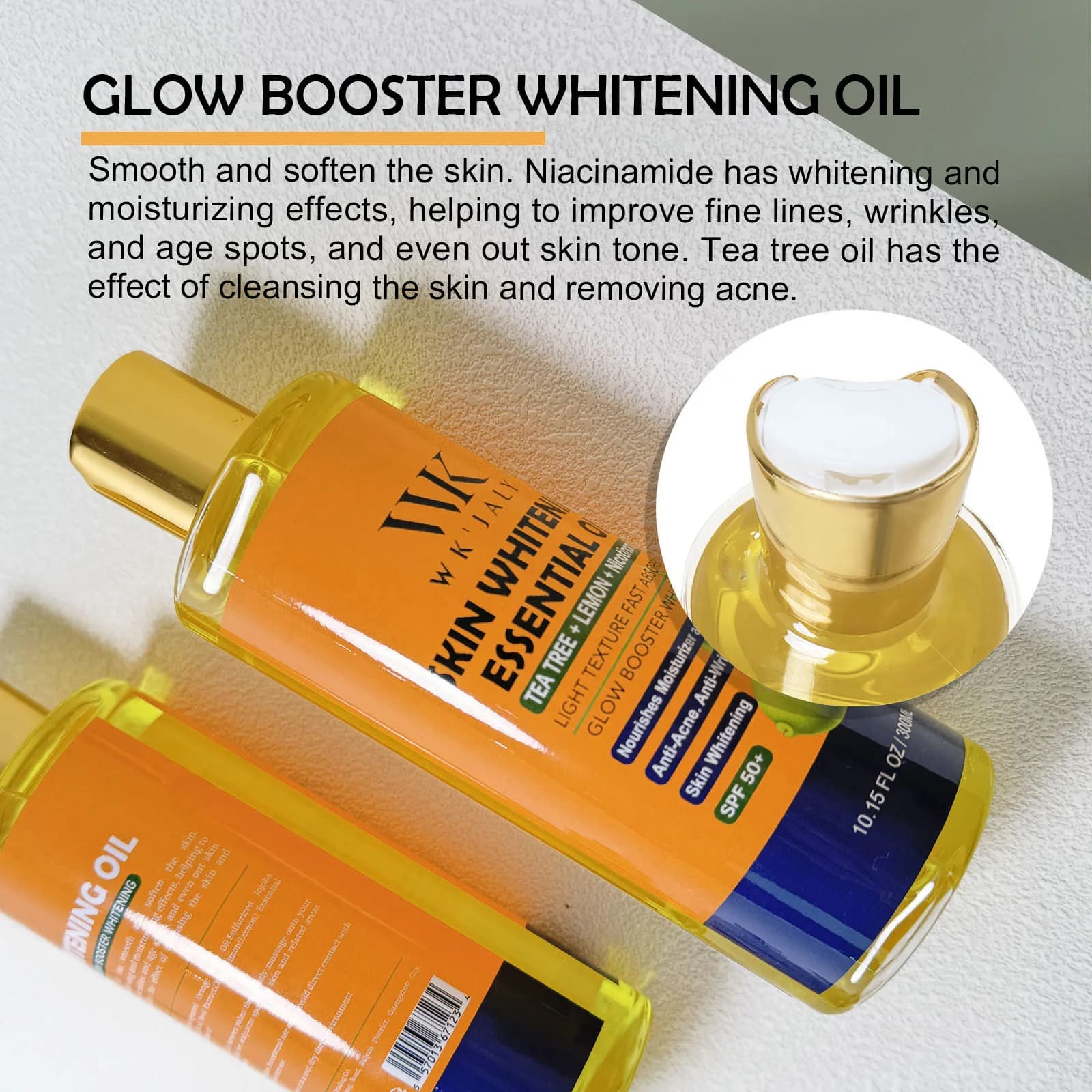 WK JALY Huile corporelle éclaircissante Niacinamide pour toute la peau, avec arbre à thé, citron, él