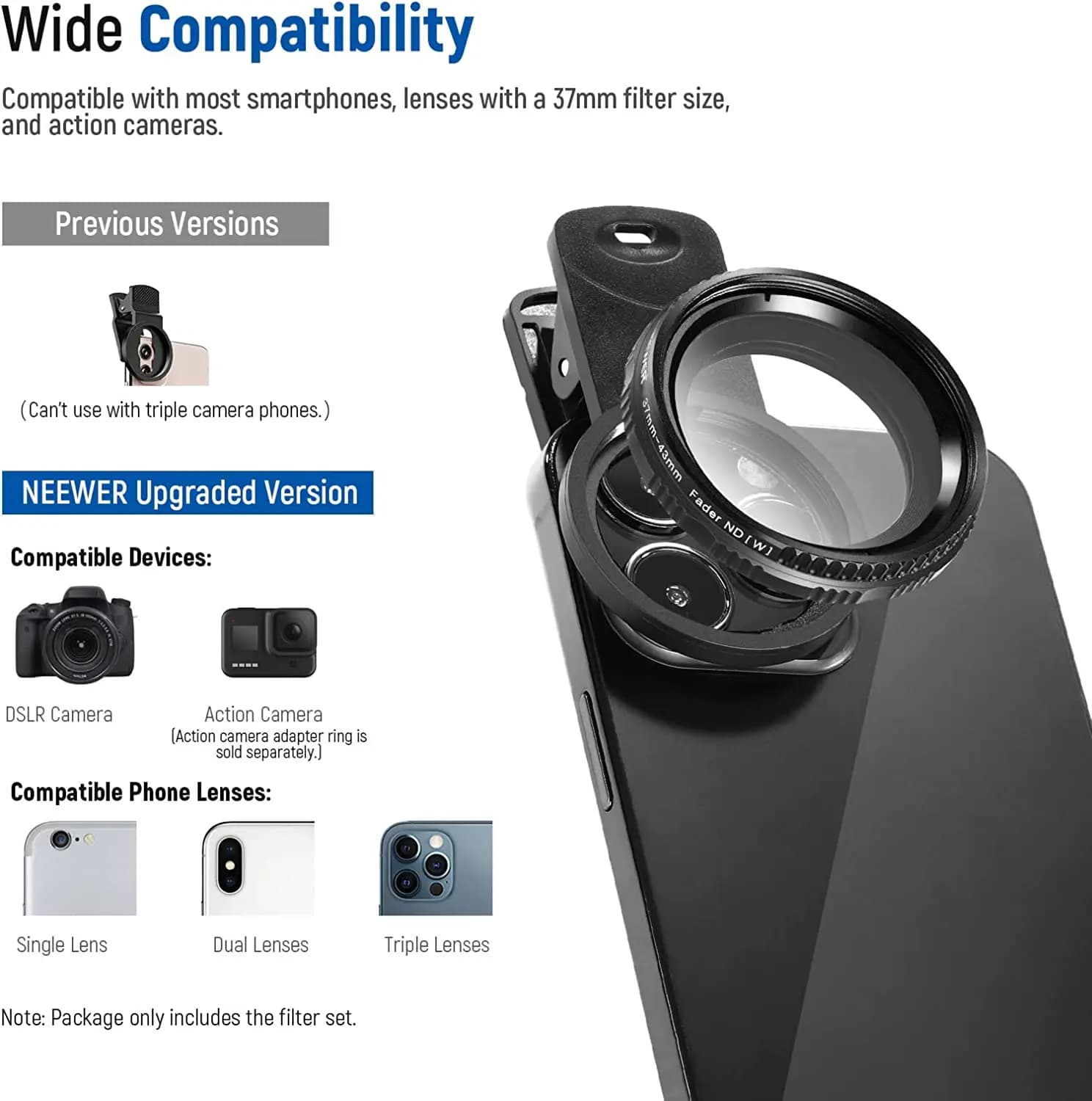 NEEWER Kit de filtre d'objectif à clipser 37 mm pour iPhone 17 16 15 14 13 12 11 Pro Max Smartphones
