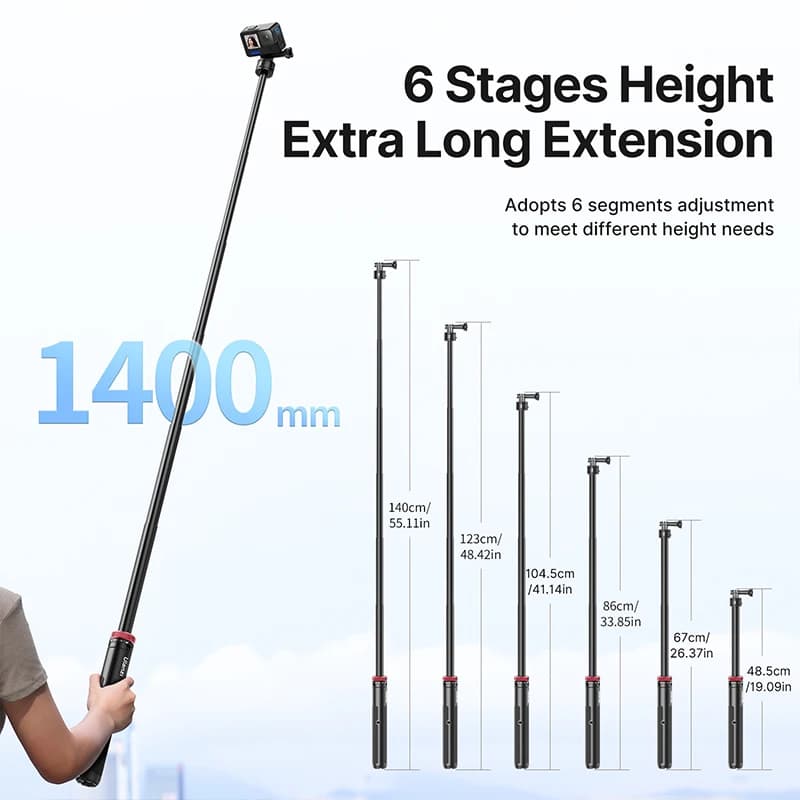 Ulanzi Go-Quick II 1.4M trépied extensible Selfie bâton pour GoPro Hero 13 12 11 10 DJI Insta360 cam