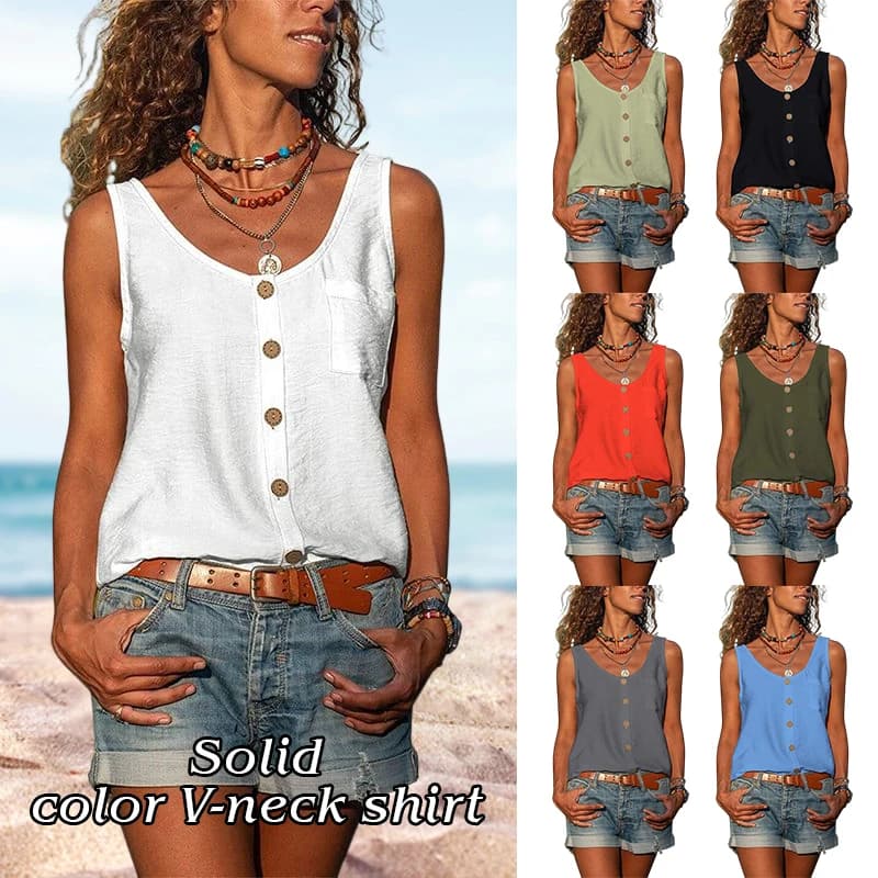 T-shirt de vacances en mousseline de soie pour femme, débardeur ample, boutons, décontracté, sans ma