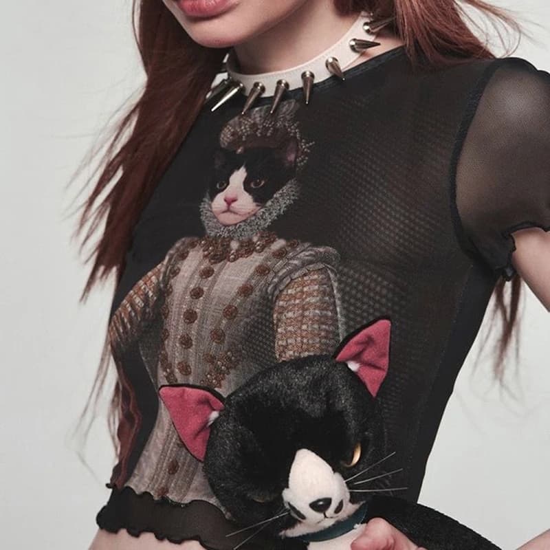 Y2K-T-shirt à manches courtes en maille de dentelle pour femmes, haut court imprimé chat, transparen