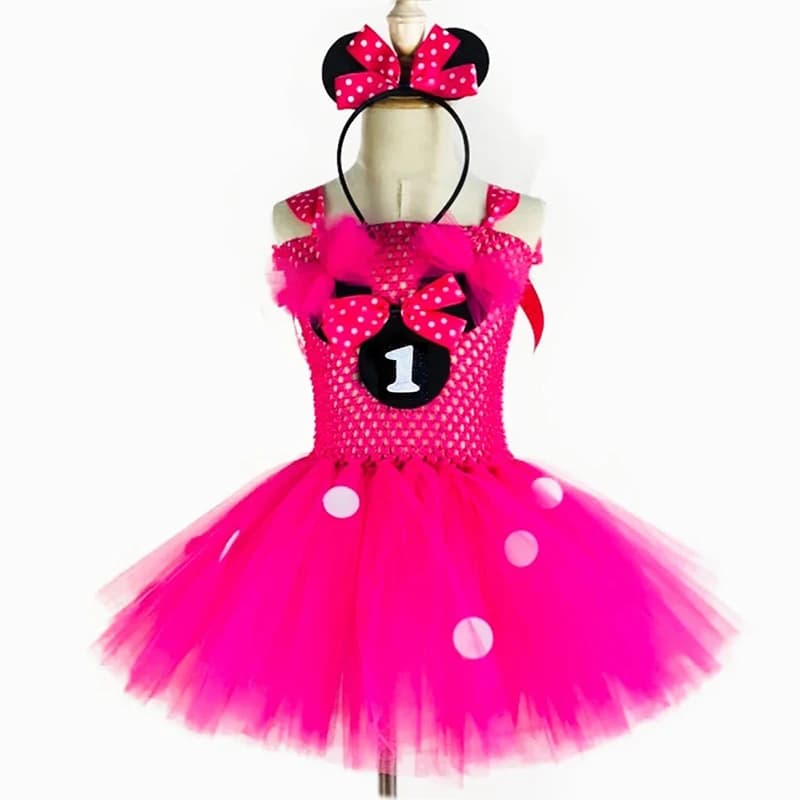 Robe Tutu Mickey rose pour filles mignonnes, en Tulle au Crochet, avec points blancs et nœud pour ch