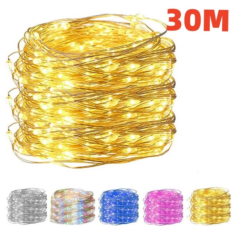 Guirlande lumineuse LED USB de 30 mètres, fil de cuivre et d'argent, guirlande lumineuse féerique ét