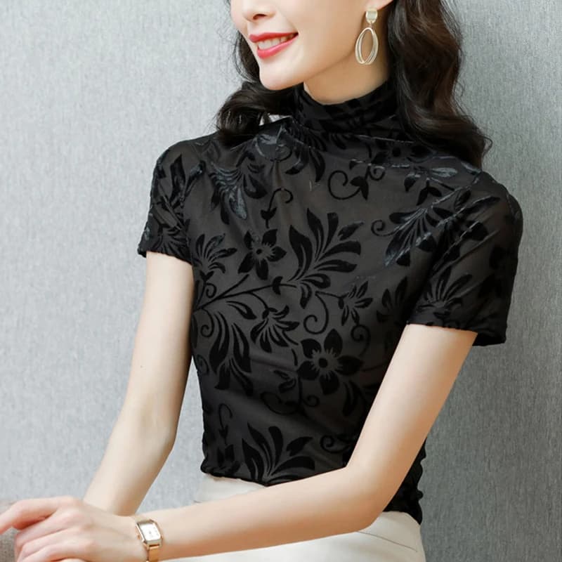 T-shirt à col roulé et manches courtes pour femme, haut élastique en velours, Slim et décontracté, à