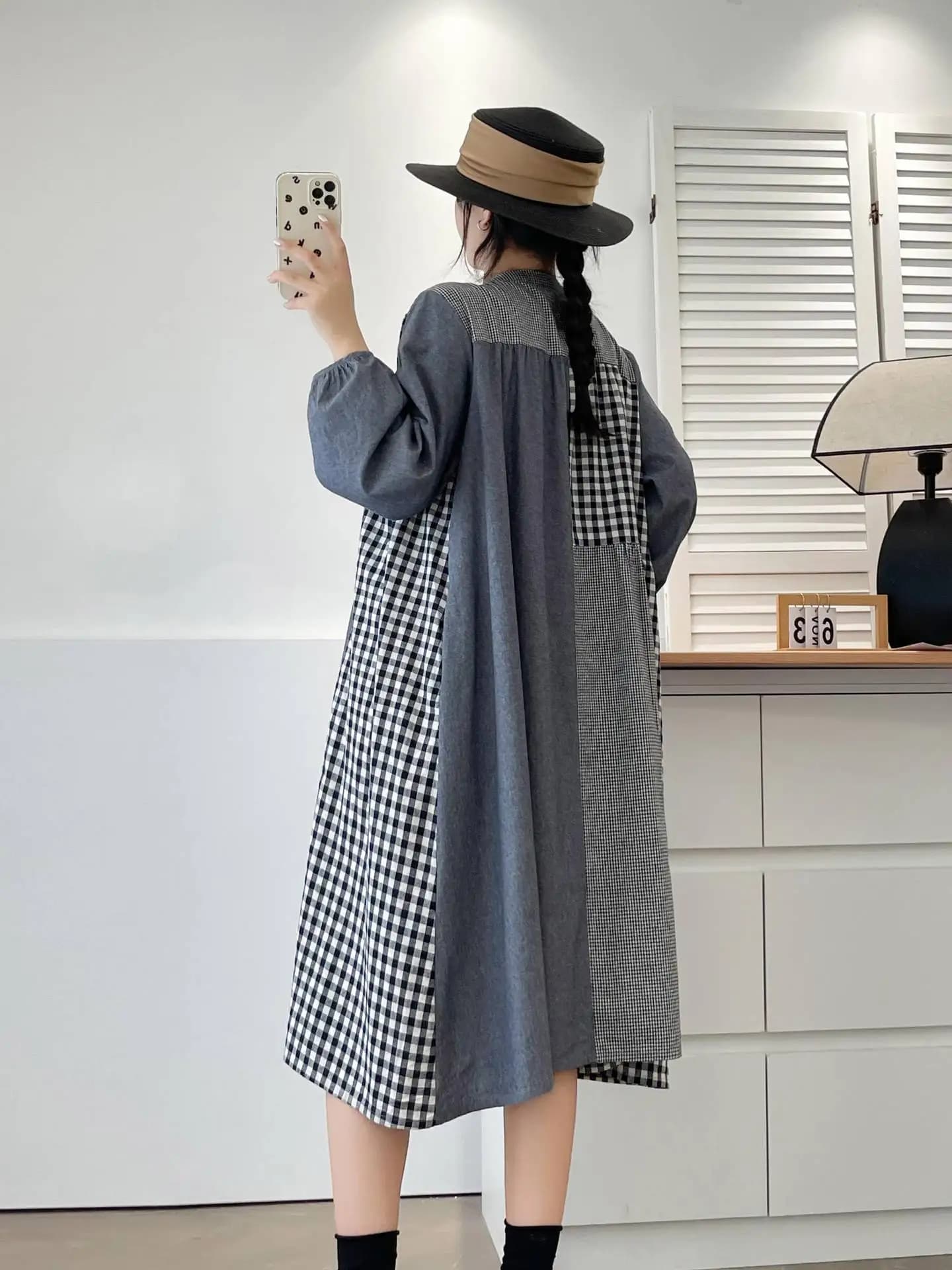 Nouvelles robes d'été en coton à manches longues pour femmes, dentelle à carreaux brodée pour femmes