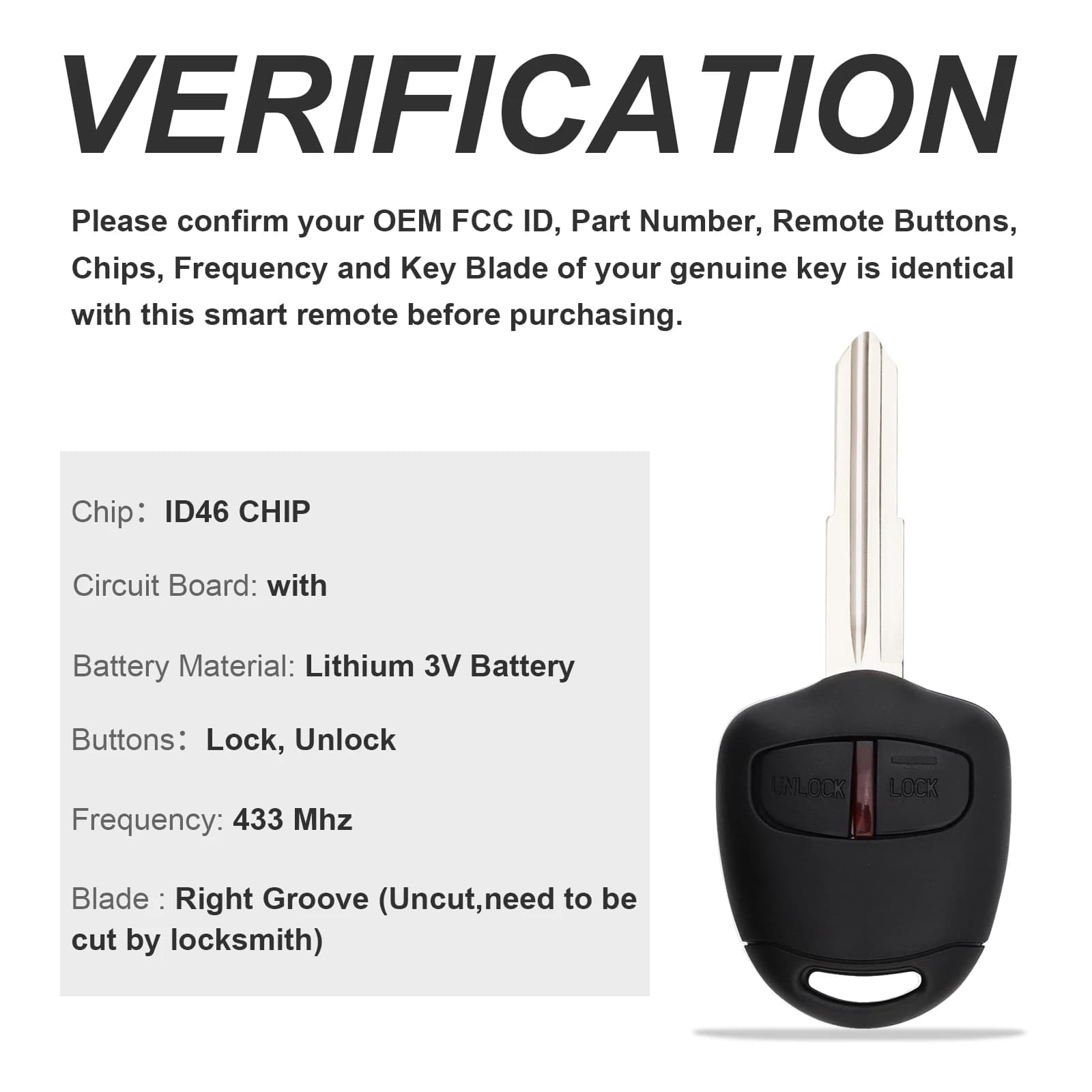 Clé télécommande à 2 boutons 433Mhz, avec puce ID46 et lame non coupée, pour MITSUBISHI Outlander/Pa