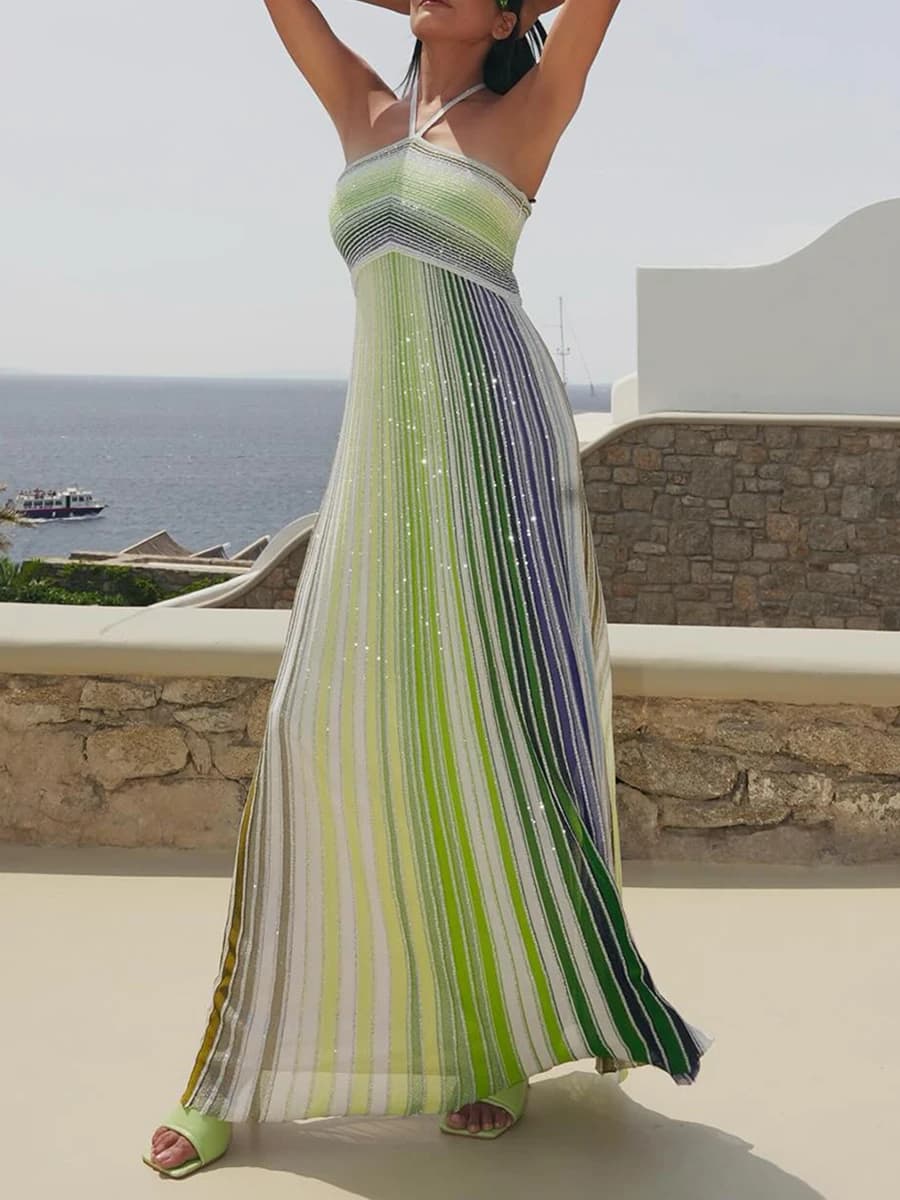 Robe longue de fête VGH à rayures colorées pour femme, dos nu, taille haute, sans manches, coupe aju