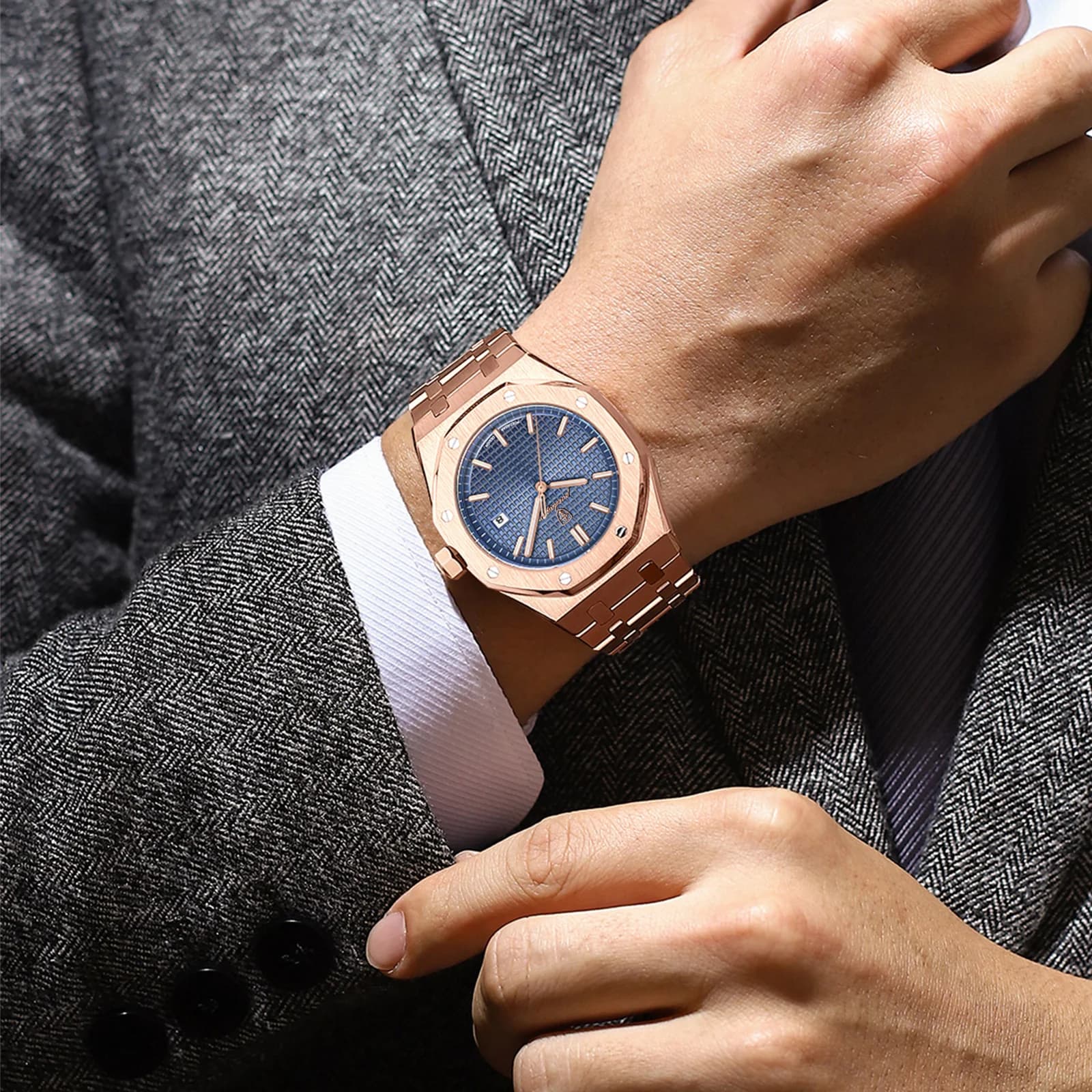 POEDAGAR vente chaude étanche calendrier lumineux en acier inoxydable montre carrée pour hommes étud