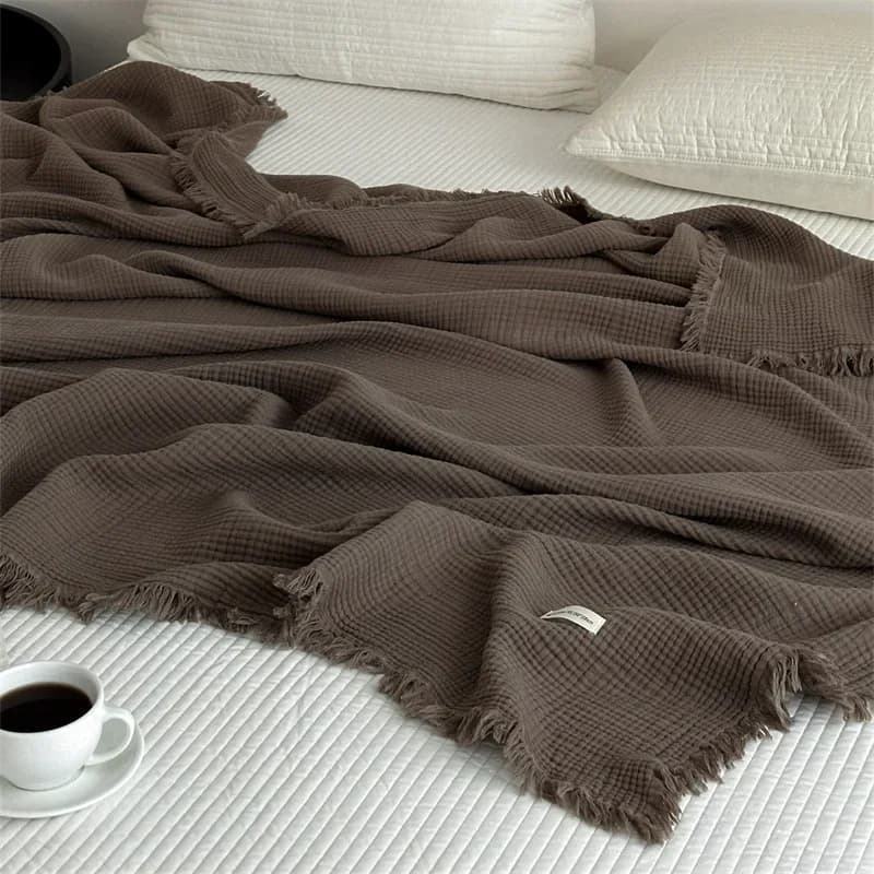 Couverture 100% Coton à Pompons, Serviette de Canapé, Linge de Lit, Châle Couleur Unie, Plaid Doux p