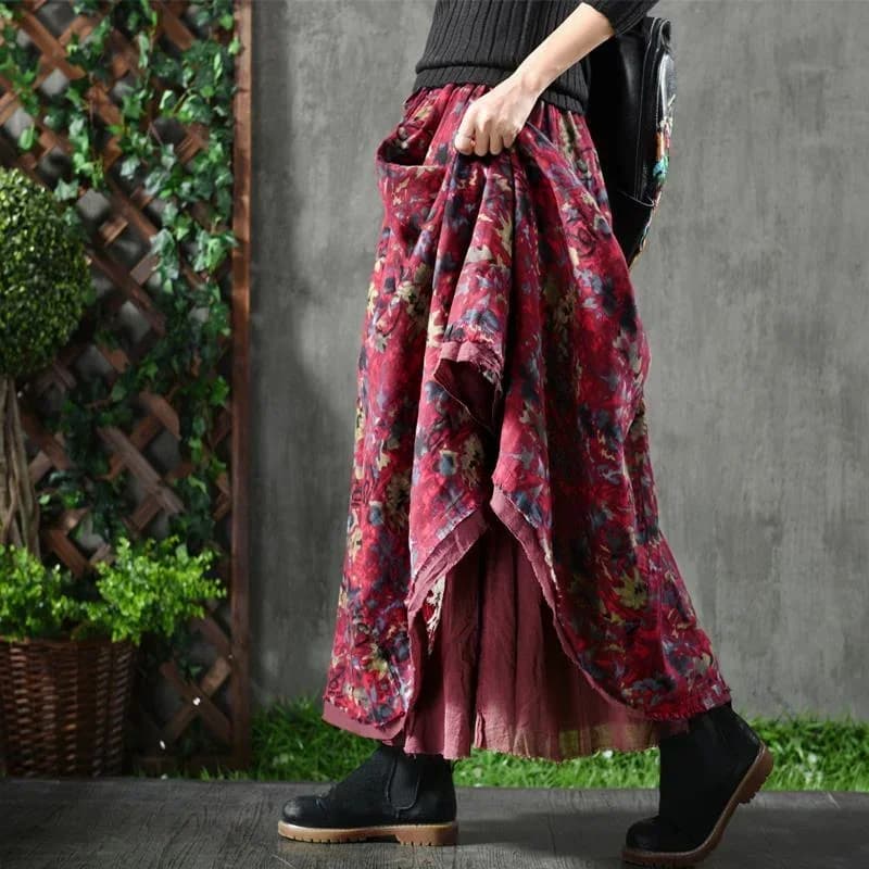 A-ligne plissée Vintage jupes pour femmes automne jupe longue florale poches élégant ample taille ha