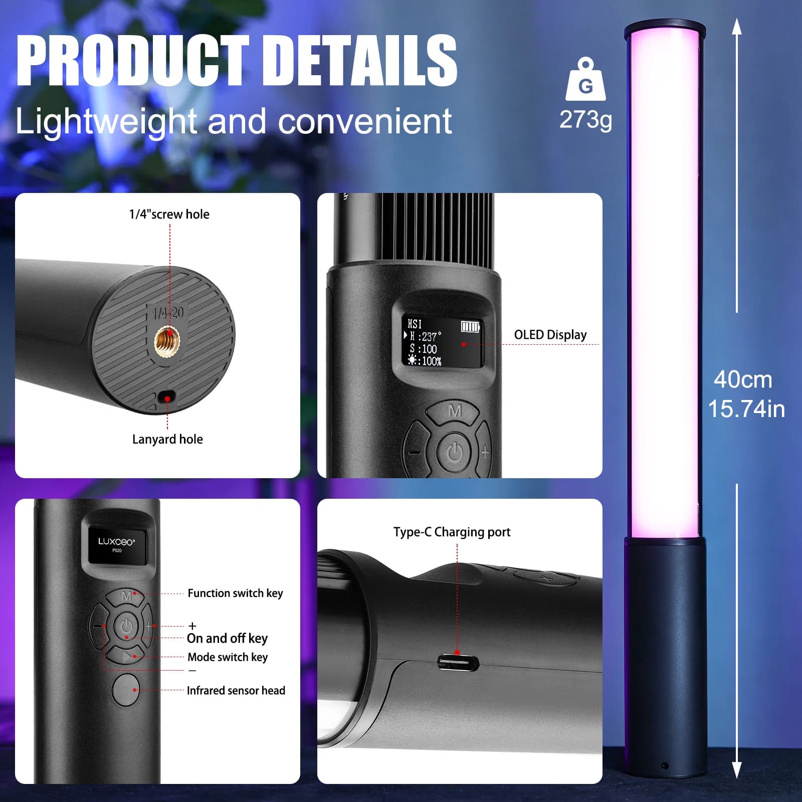 Baguette lumineuse RVB P400 avec batterie intégrée, tube LED, lampe de photographie, éclairage pour 