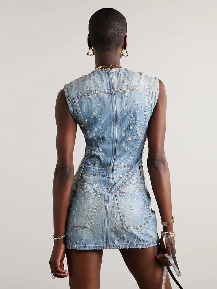DEUX DEUX STYLE Denim évider robes pour femmes col rond sans manches tunique Patchwork poches Vintag