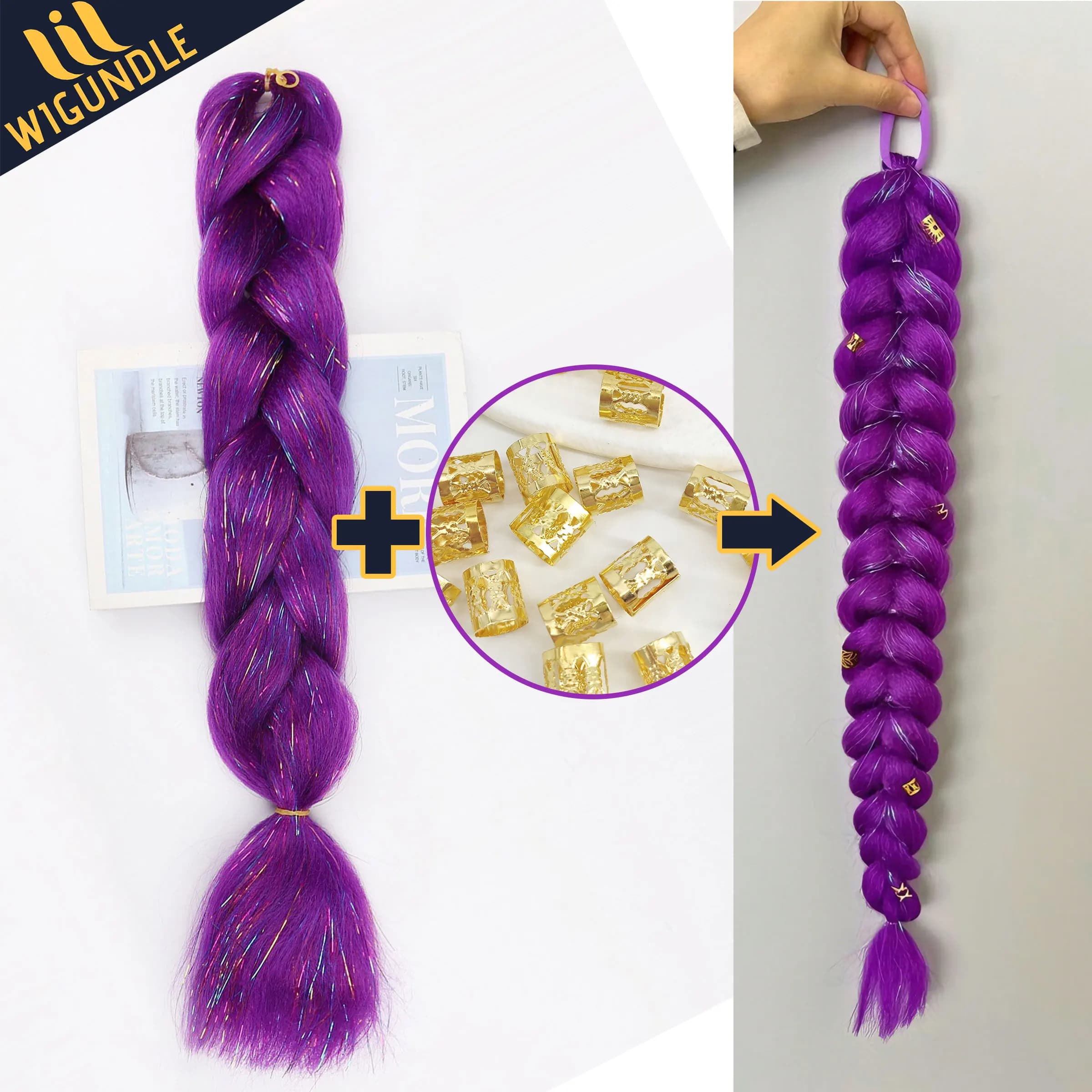 Tresse violette de 82 pouces de long avec fleur pour enfants et filles, queue de cheval synthétique 