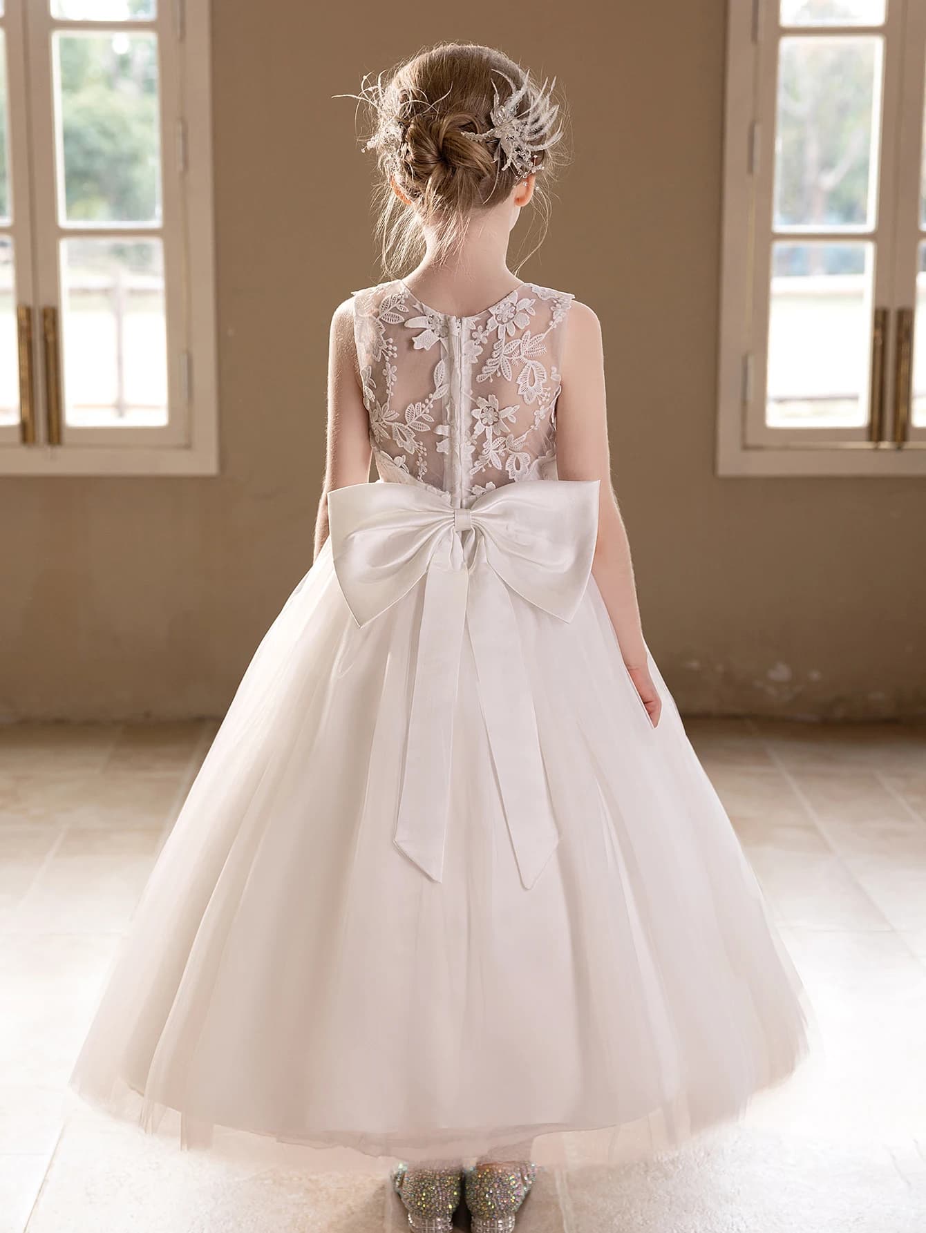 Robe de mariée en gaze blanche pour adolescentes, broderie en dentelle, grand nœud, robe de soirée g