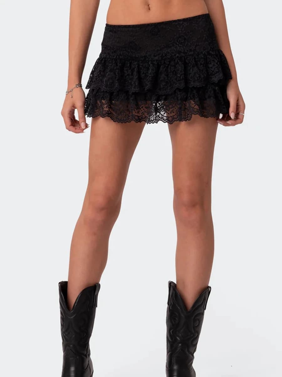 Y2K-Mini jupe en dentelle à volants pour femmes, taille basse, ourlet professionnel, jupes Aline cou