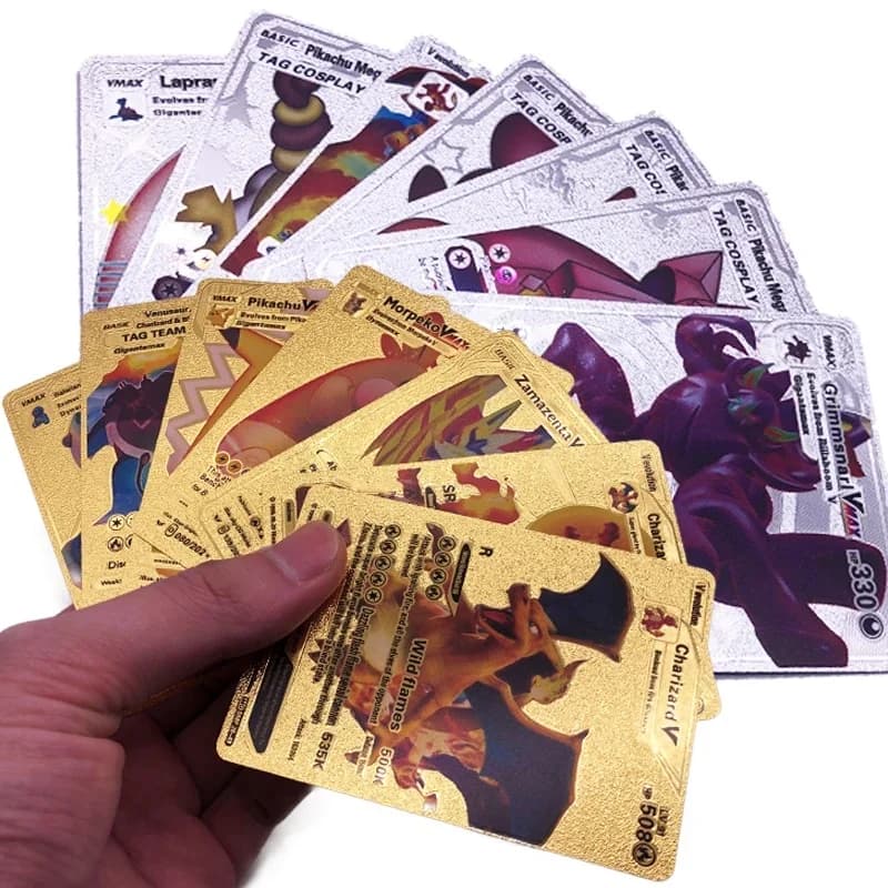55-110 cartes Pokémon en feuille d'or, lettres dorées, anglais, espagnol, français, allemand, italie