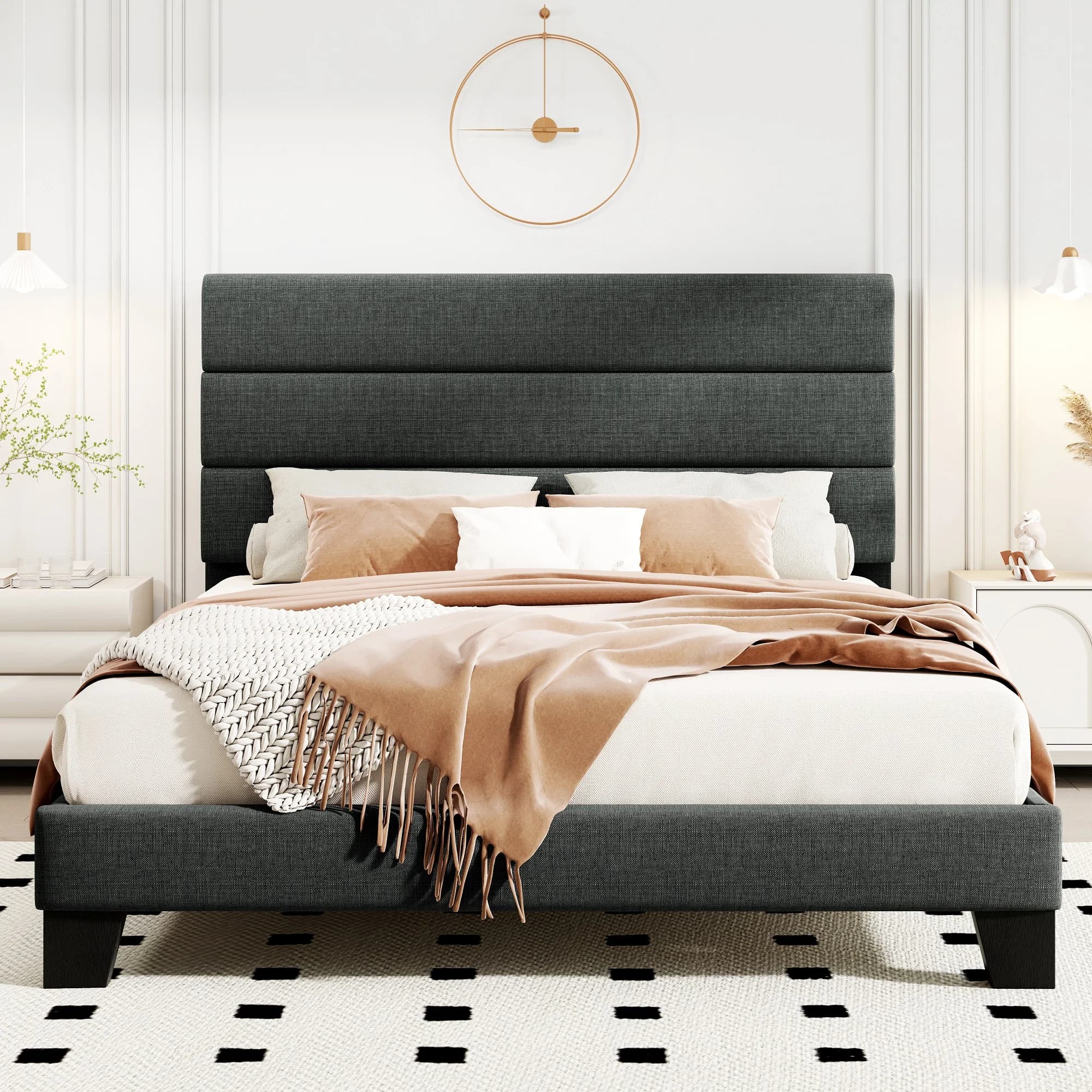 HOOMIC Cadre de lit avec tête de lit, lit plateforme en tissu, lattes en bois solides, panneau de su