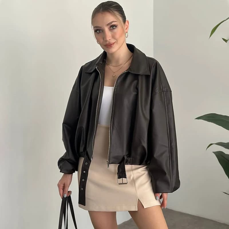 Veste en cuir tendance pour femme, blouson bomber vintage en similicuir, fermeture éclair unie, col 