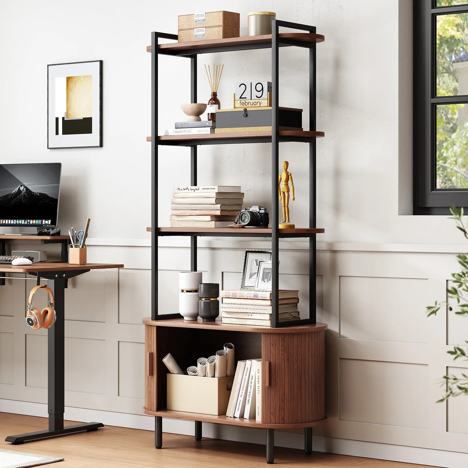 Bibliothèque de 71 pouces de hauteur, étagère à livres à 4 niveaux avec armoire de rangement, biblio
