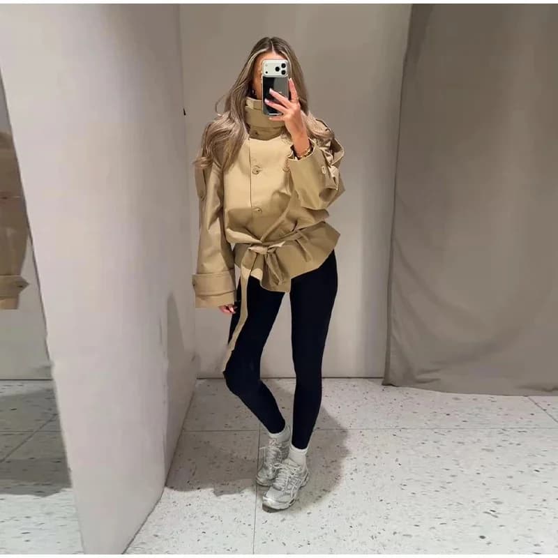 Manteau pour femme, style printemps 2026, kaki, manches longues, col montant, ceinture, trench court