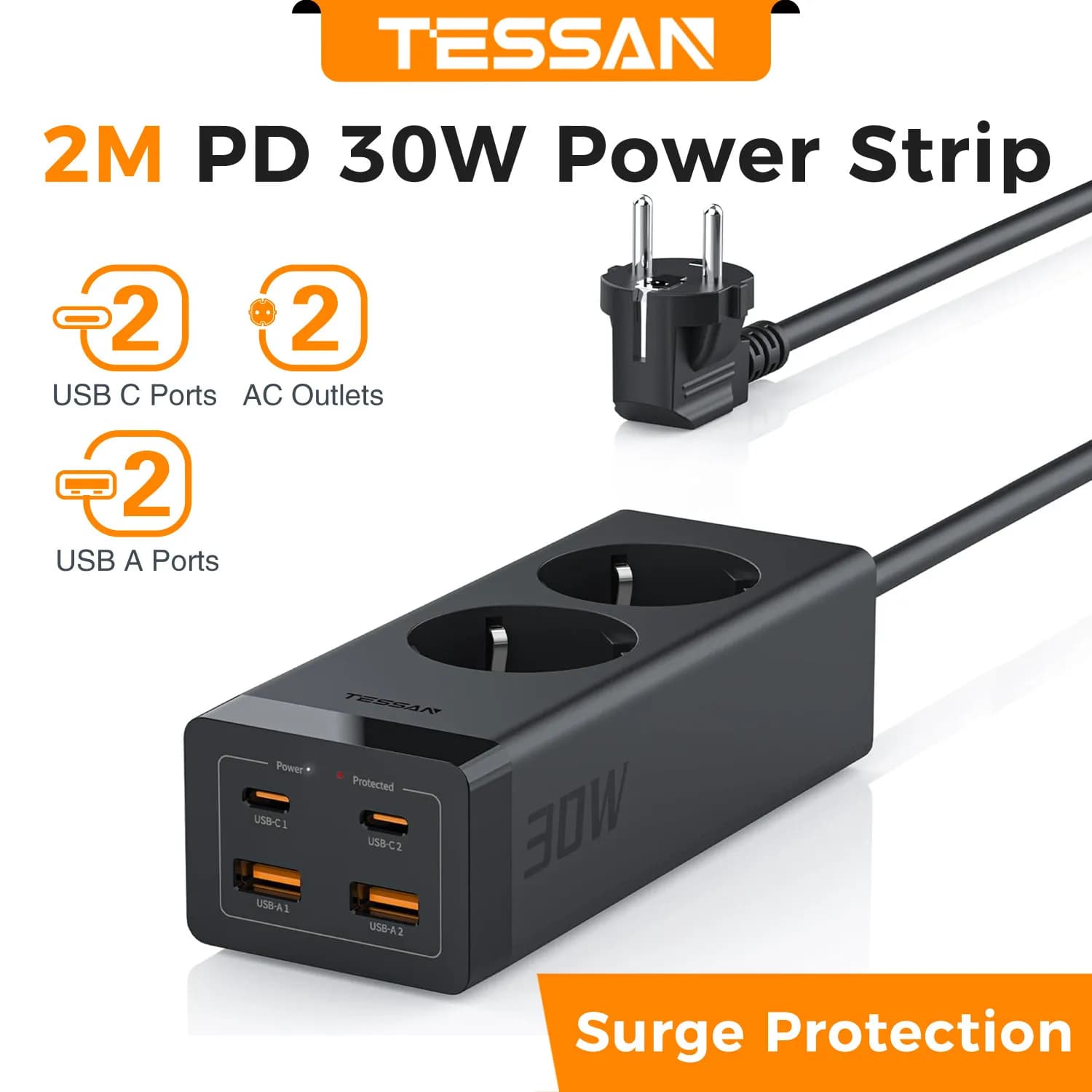 TESSAN 30W GaN multiprise avec 2 prises 2 prises USB 2 Type C Cube prise de Protection contre les su