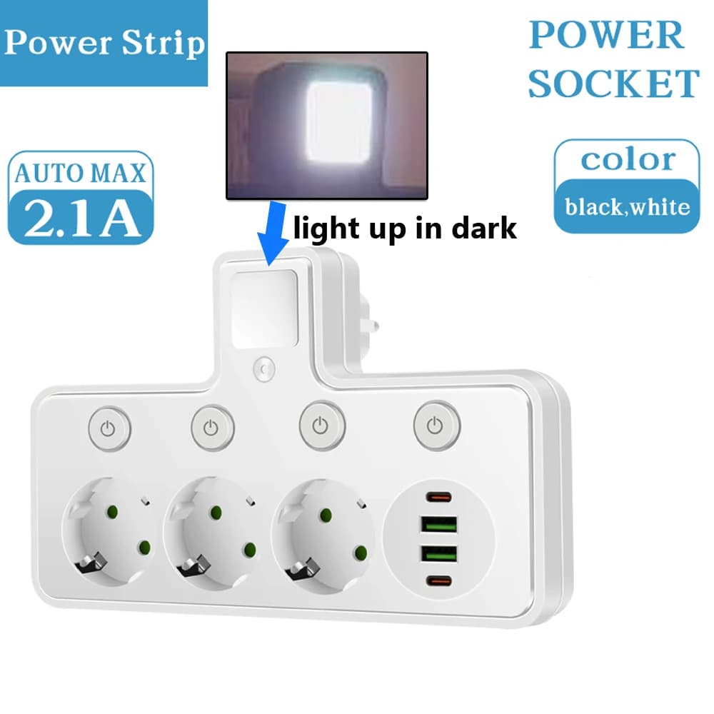 Multiprise avec prise EU, 3/4 prises AC, USB Type-C, interrupteur indépendant, veilleuse à capteur, 