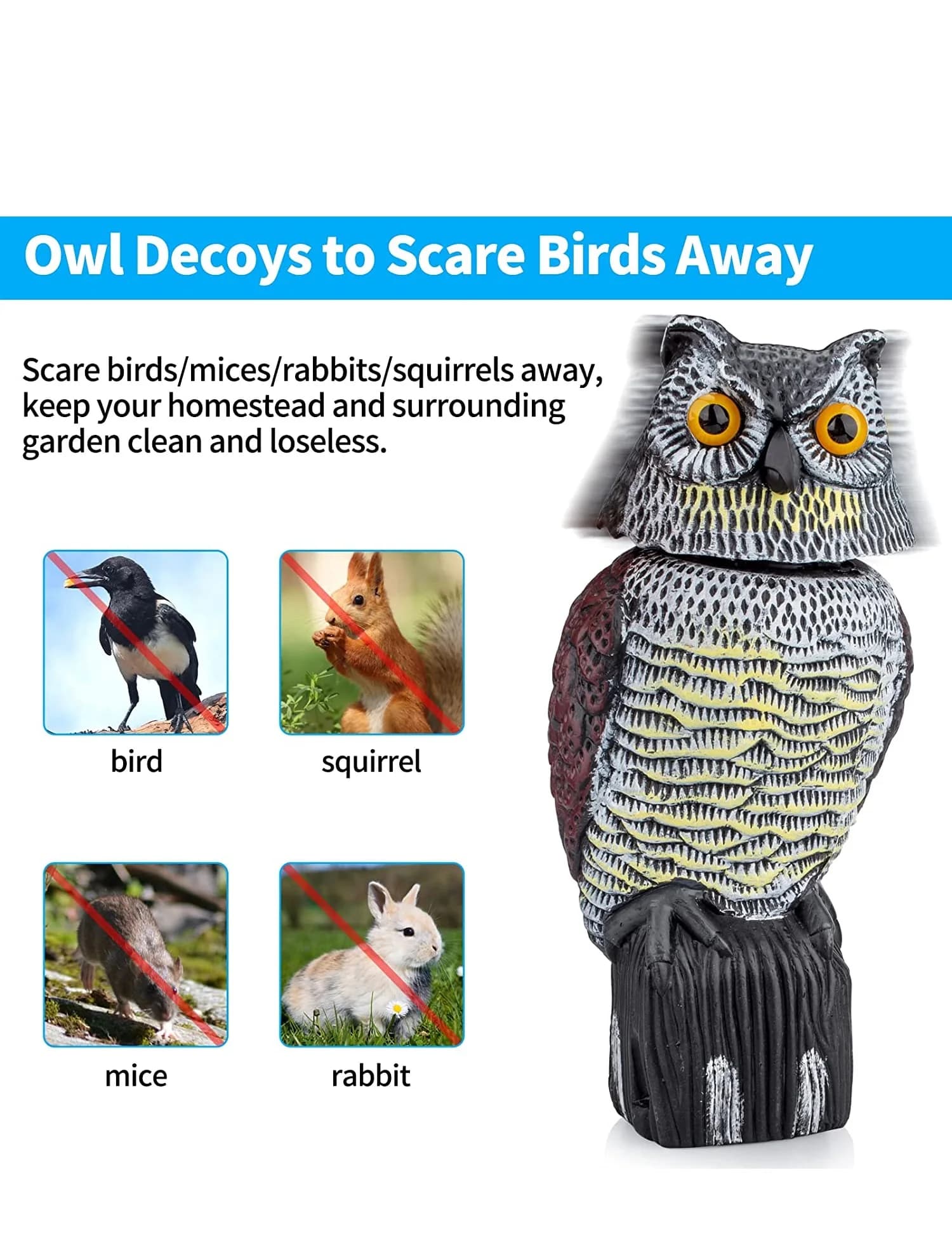 Faux leurre de hibou en plastique, Sculpture d'épouvantail avec tête rotative et son pour jardin, co