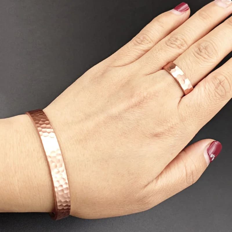Ensemble de bracelets et bagues en cuivre pur, 2 pièces, conception de motif de marteau réglable, be