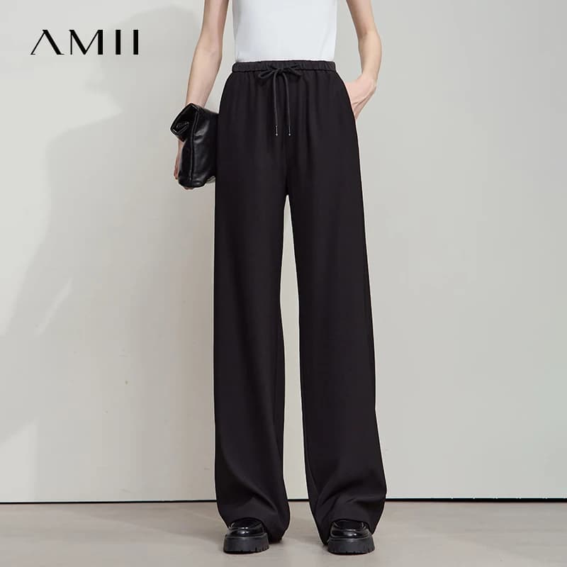 AMII 2025 automne femmes pantalon ample décontracté à lacets élastique jambe large pantalon droit so