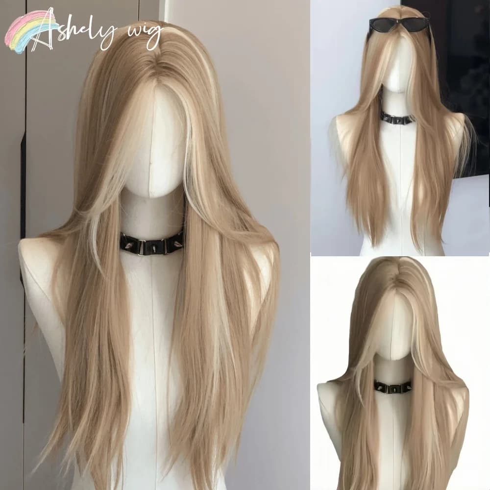 Perruque Blonde pour femmes longue ligne droite Blonde marron perruque asiatique américaine dentelle