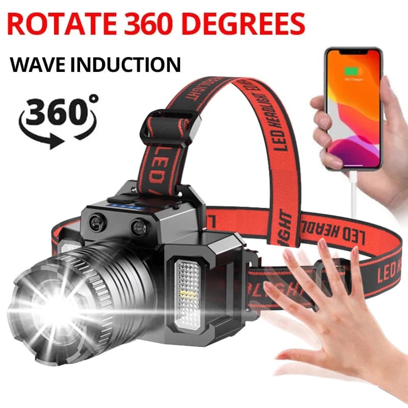 LED capteur phare Camping recherche lumière tête lampe de poche Rechargeable puissante lampe frontal