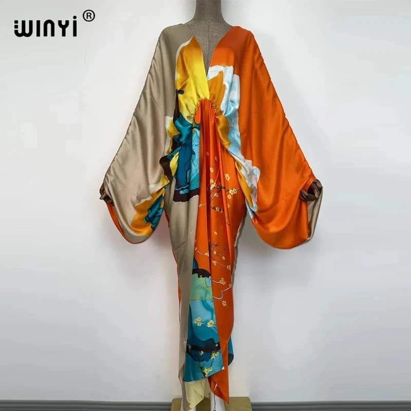 WINYI-Robe longue bohème à col en V pour femmes, Robe longue de plage, Sensation roulée à la main, S
