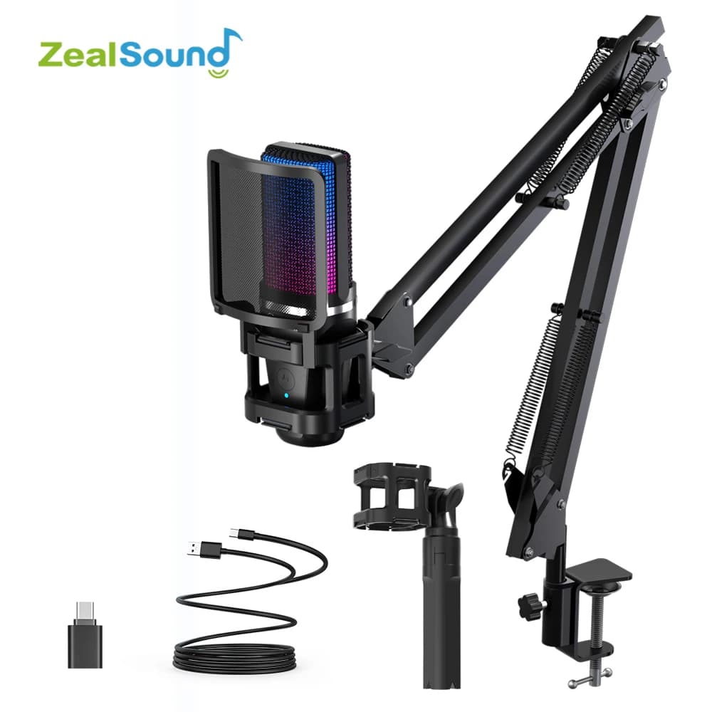 Zealsound-Microphone statique RVB avec bras articulé, micro à condensateur USB avec trépied, adapté 