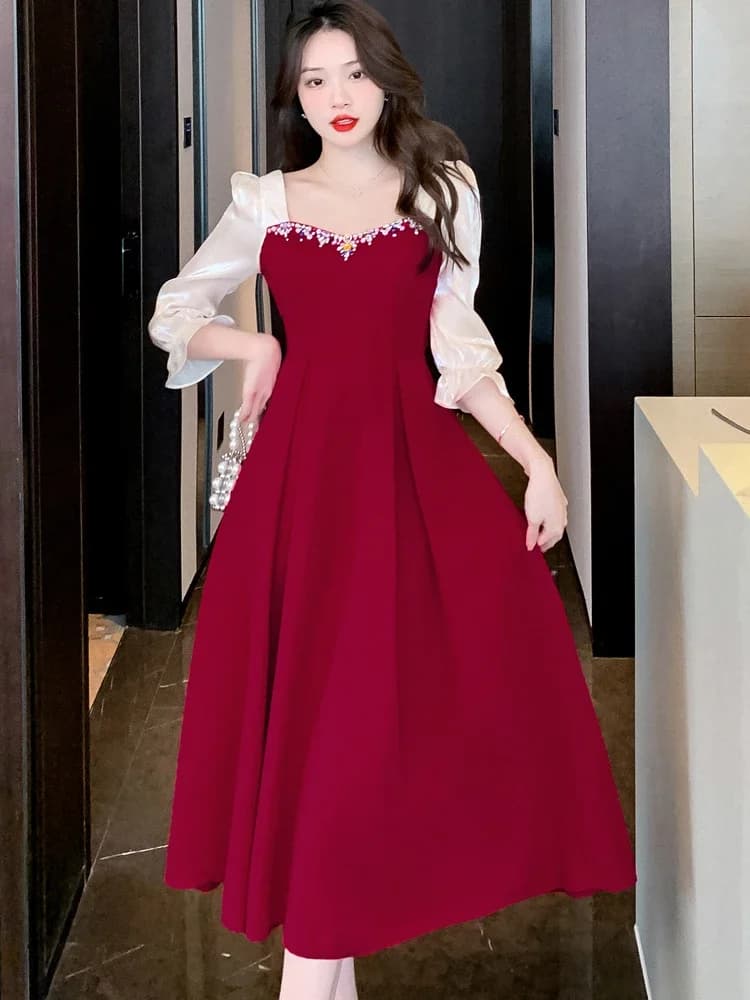 Robe de Soirée Élégante en Satin Velours Rouge 2026 pour Mariage Femme, Robe Moulante à Manches Long