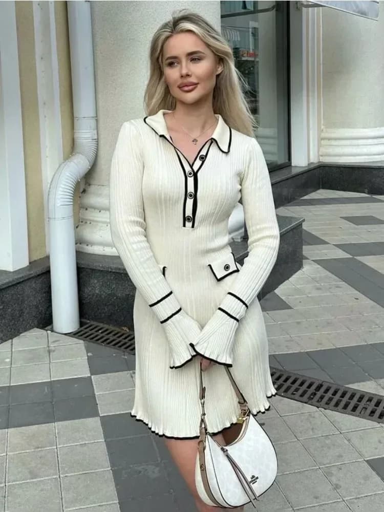 Tossy à volants mode robe en tricot femmes automne côtelé contraste à manches longues taille haute r