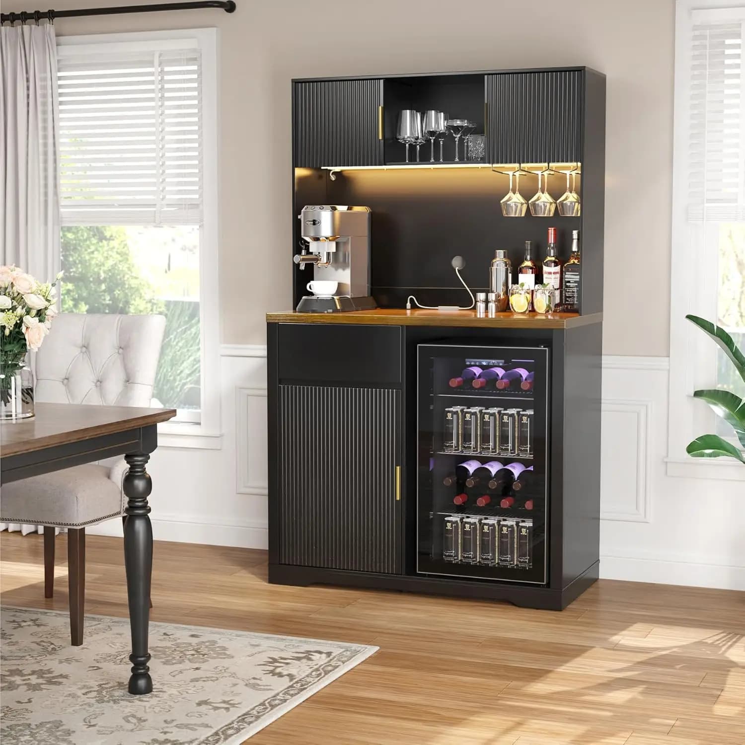 Armoire de bar haute de 72 pouces avec espace réfrigérateur, armoire à liqueur et à café à nervures 