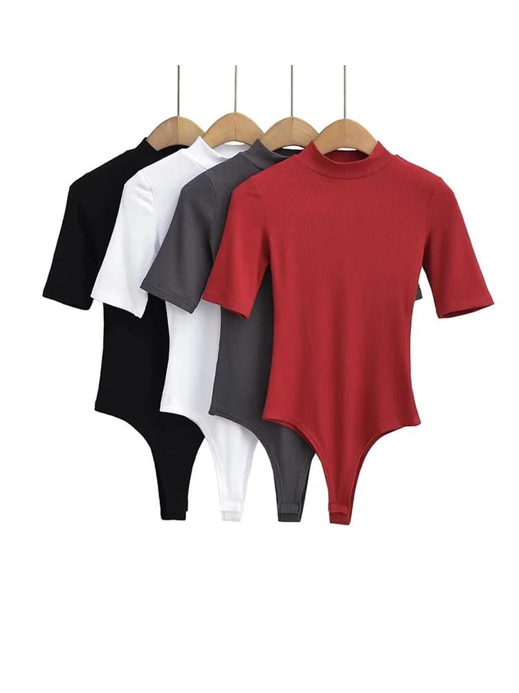 Combinaisons d'été à manches courtes pour femmes, col montant, taille slim extensible, disponible en