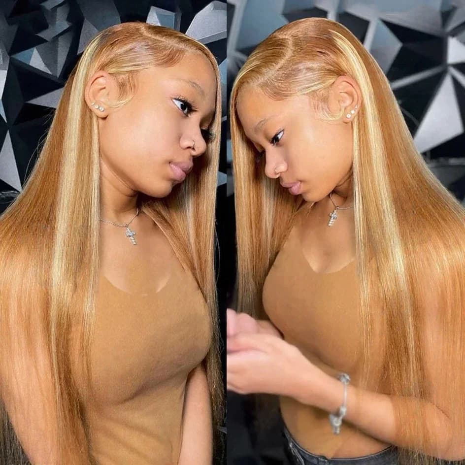 Perruque Lace Front Wig lisse HD, 30 pouces, blond miel ombré, densité 180%, 13x4, à reflets, pour f