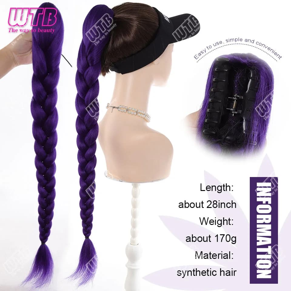 Perruque synthétique tressée violette de 70 cm, style à clipser, avec cordon de serrage, adaptée aux