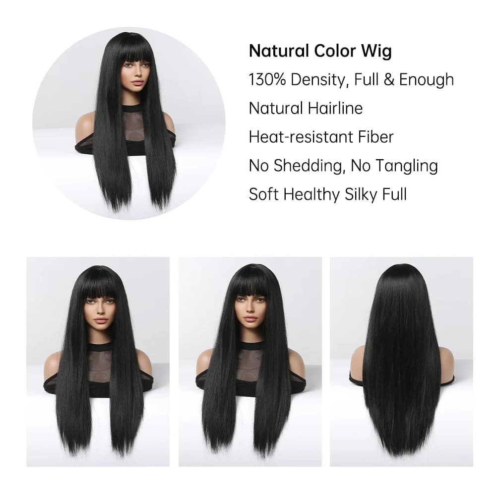 EASIHAIR – perruques synthétiques longues et lisses avec frange, perruques noires de fête Cosplay Lo