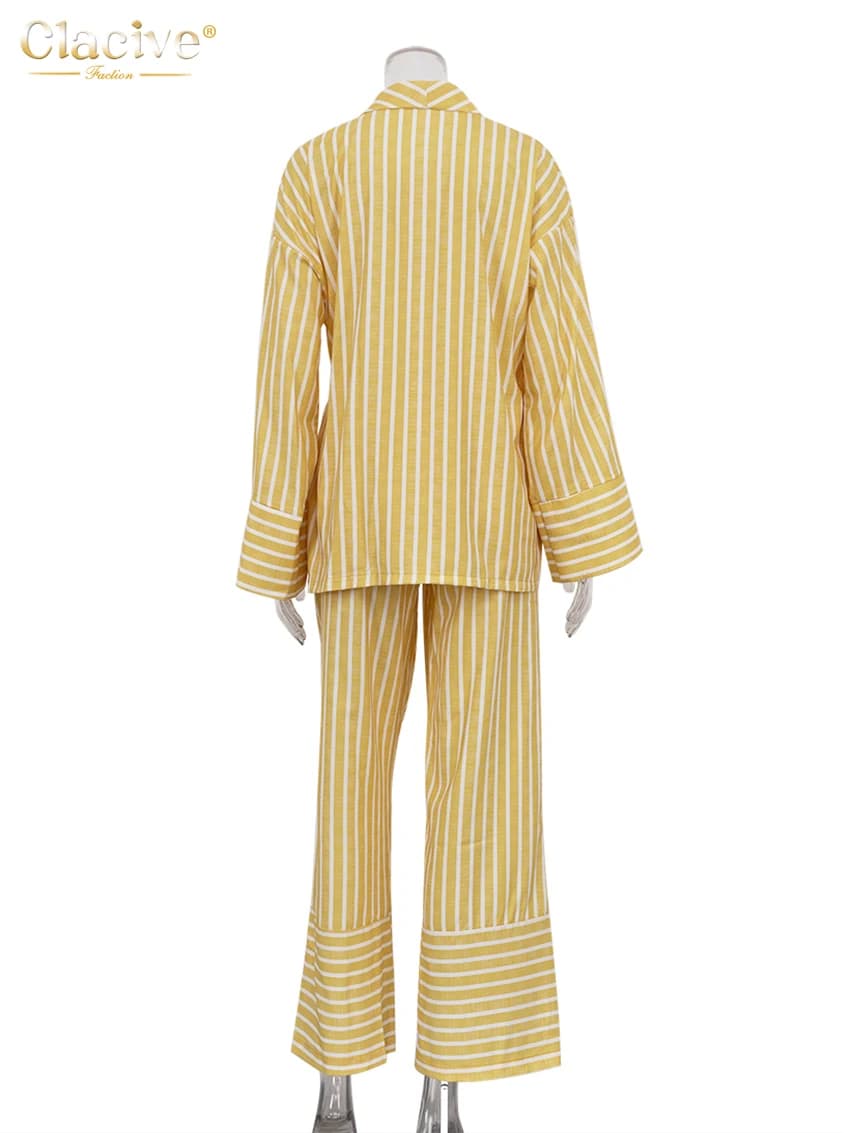 ClacMarkets-Costumes de maison à rayures jaunes décontractés pour femmes, ensemble 2 pièces, chemise