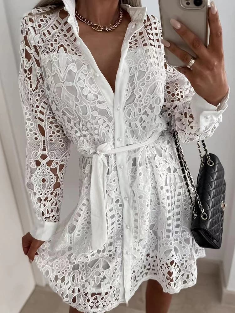 Mini robe vintage évidée pour femme, cardigan à col en V pour femme, manches longues, monochromatiqu