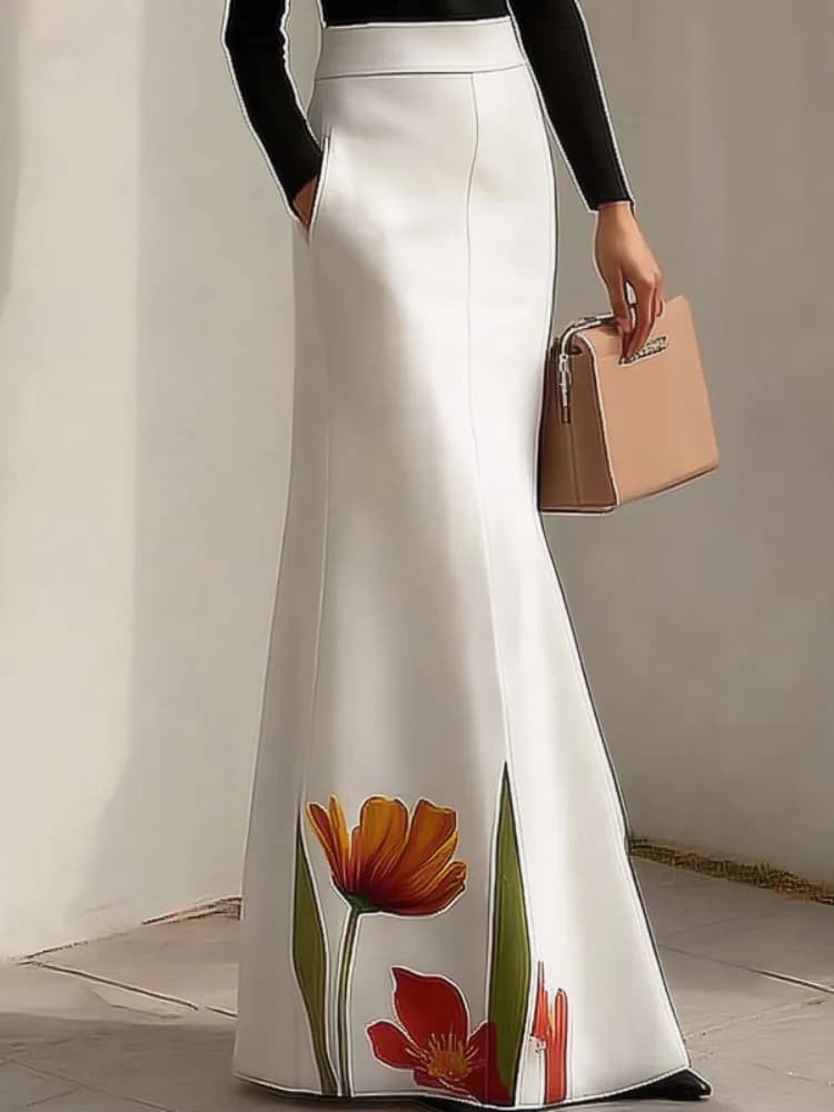 Jupe longue sirène élégante Missuoo 2026 pour femme, taille haute, imprimé floral blanc, idéale pour