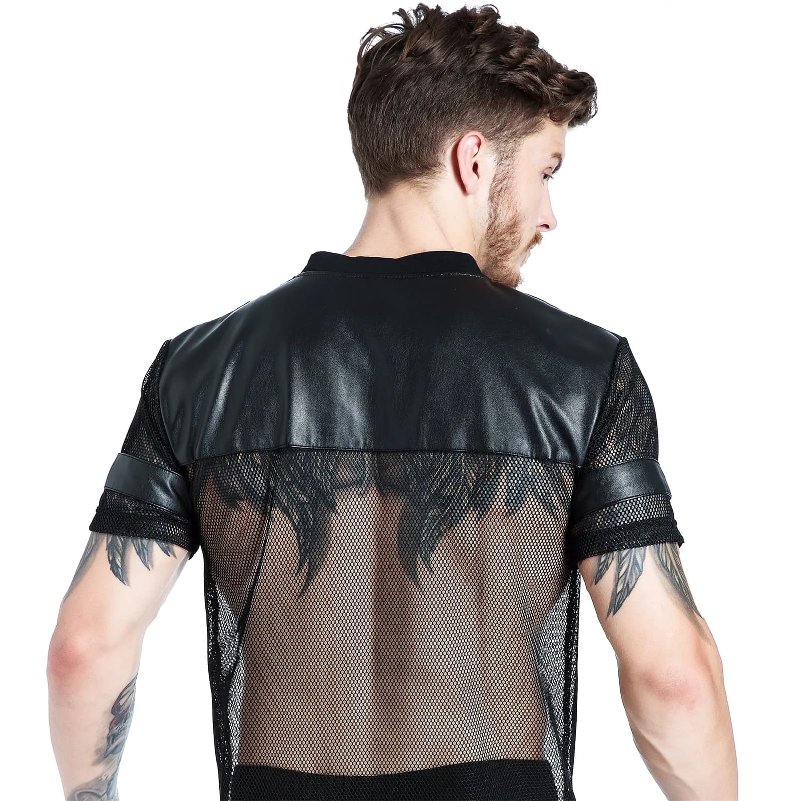T-Shirt en résille pour hommes, Sexy, en Faux cuir PU, chemises en maille, hauts transparents, manch