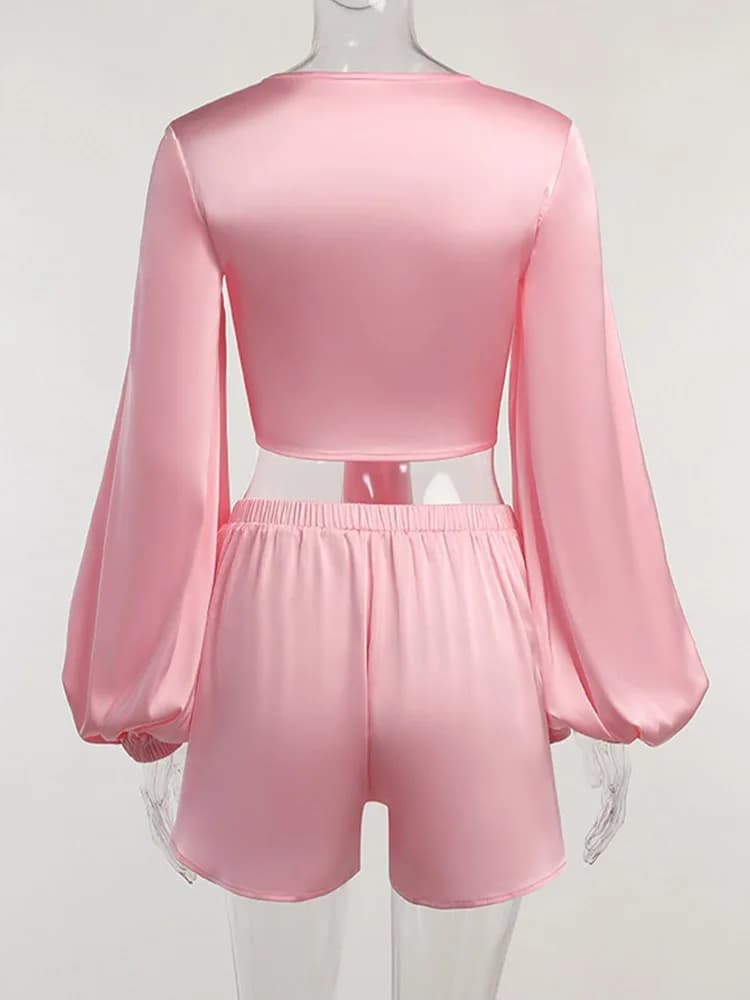 Tenue d'été élégante pour femme, manches longues, bretelles, cravates, ensembles courts, sexy, rose,