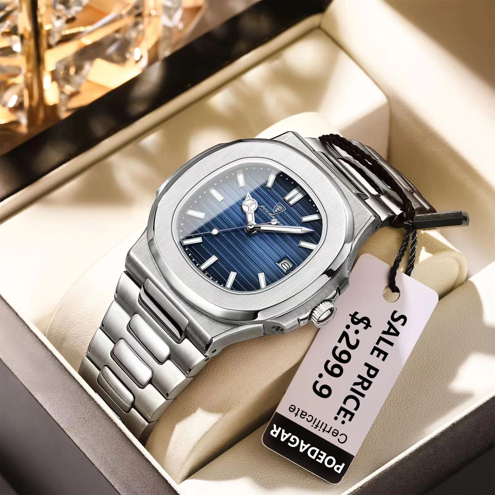 POEDAGAR mode carré Quartz homme horloge étanche lumineux Date montres en acier inoxydable pour homm