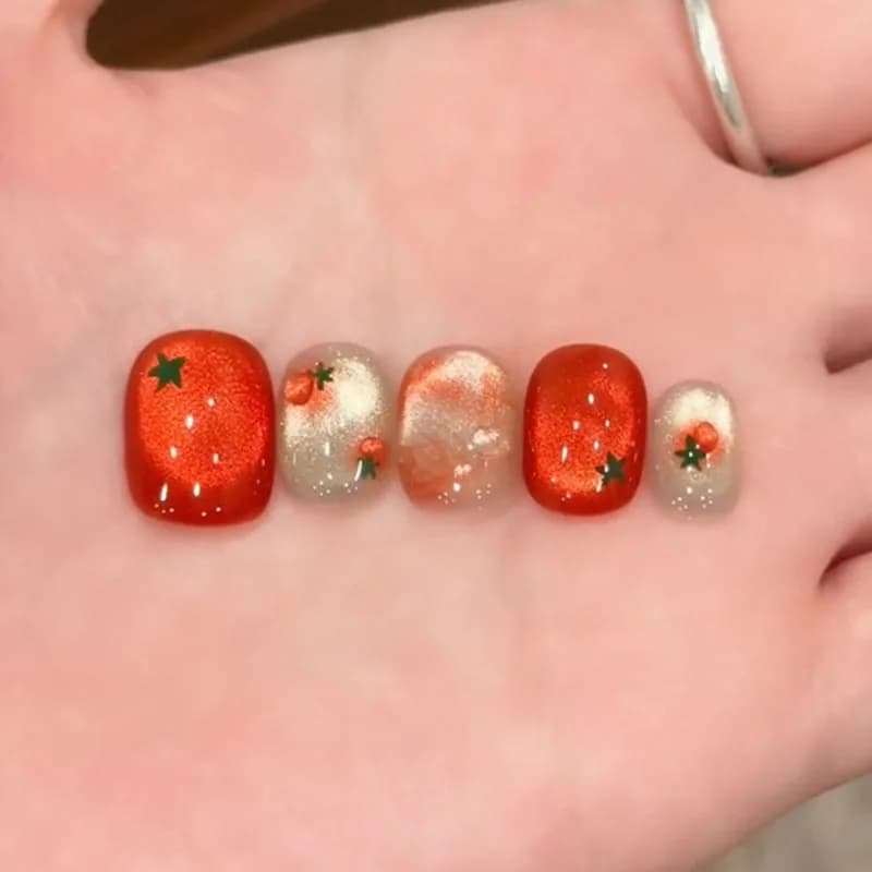 10 pièces ongles à pression courts ovales rouges festifs avec un design de tomate mignon finition br