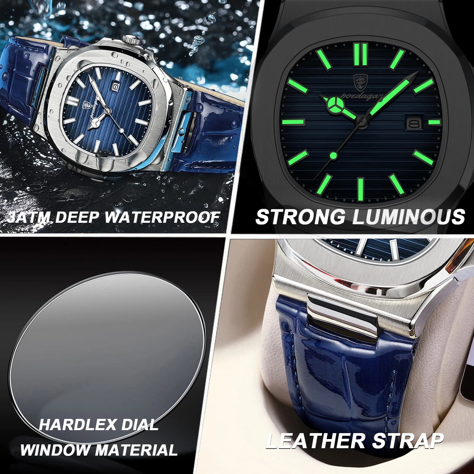POEDAGAR Top carré homme montre Date étanche lumineux luxe hommes montre-bracelet de haute qualité e